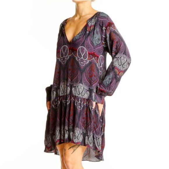 Sanctuary Dresses & Skirts - Sanctuary ✦ Purple Paisley Boho Mini Dress ✦ V-Neck w/ Tiered Hem & Long Sleeves